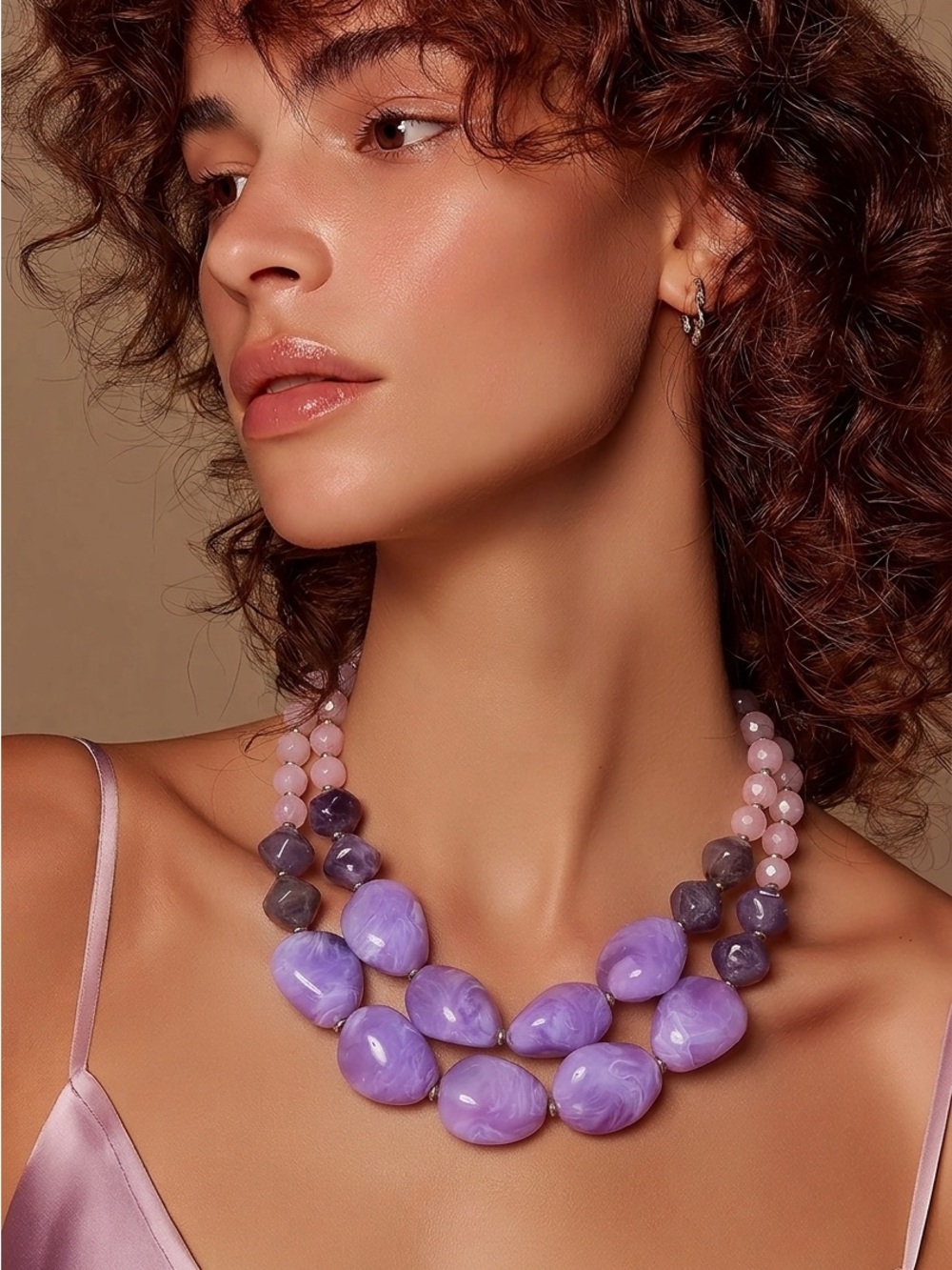 Acrylic Purple & Pink Statement Beaded Necklace with Matching Earrings